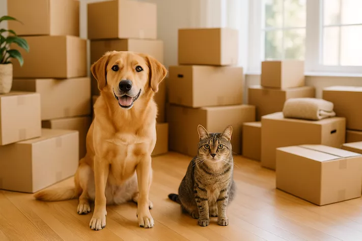 hund och katt som väntar bland flyttkartonger i nytt hem